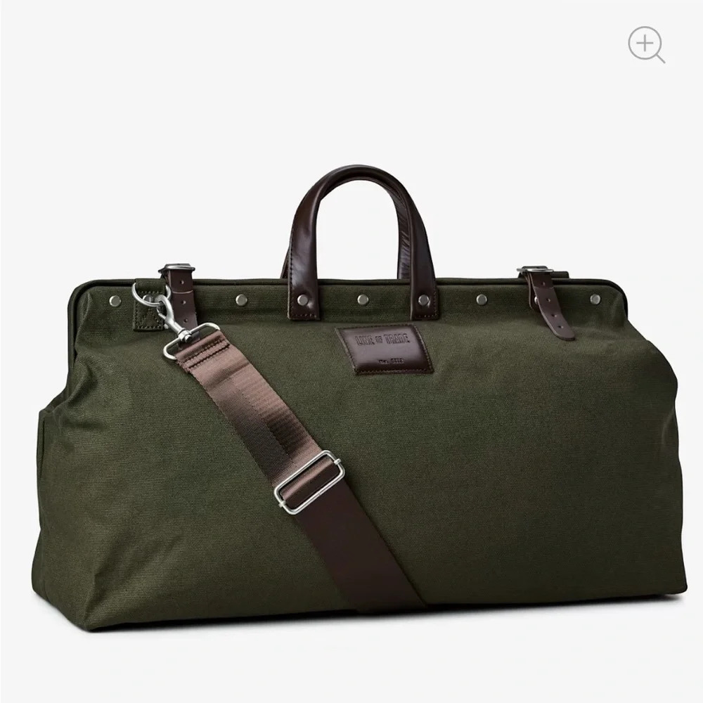 Line of Trade weekender bag olive green canvas w/ brown leather & nylon straps